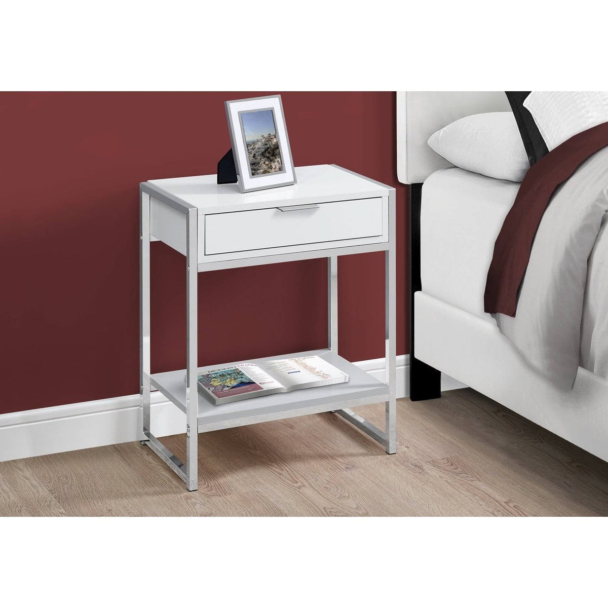 Glossy White and Silver Contemporary Rectangular Side Accent Table I89458