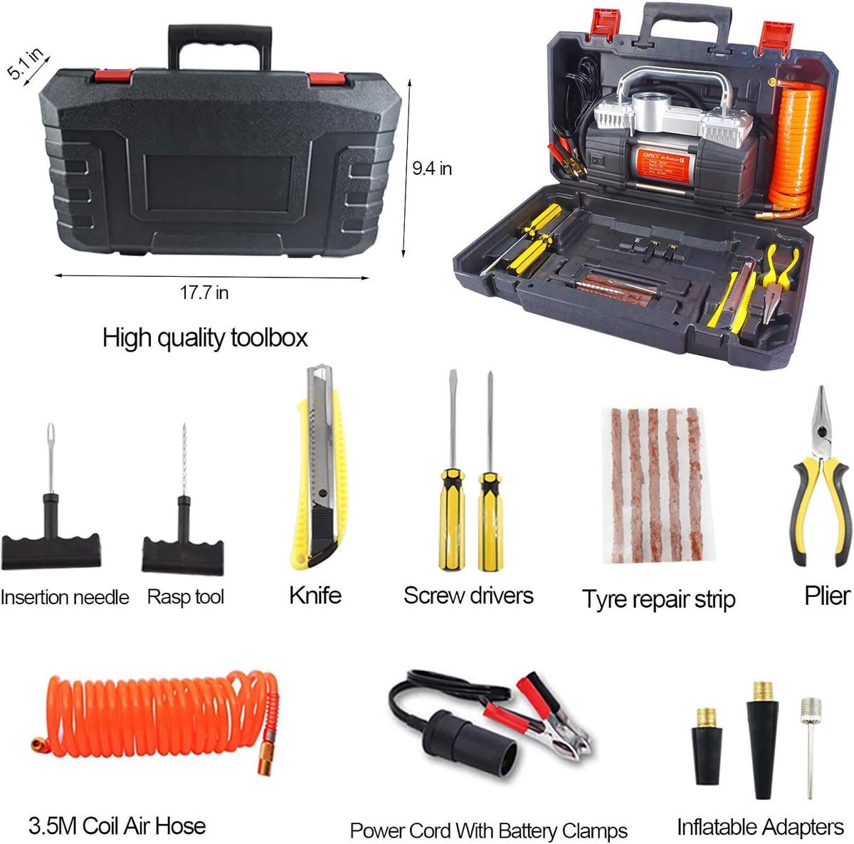 150 PSI 12V Dual Cylinder Portable Air Compressor with LED Light and Tire Repair Kit, Pack of 2 Y161