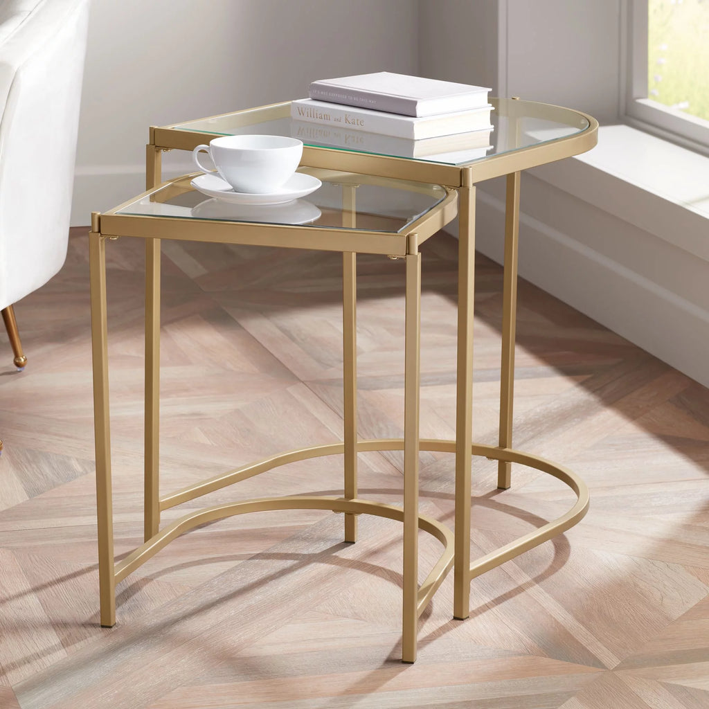 Modern Metal Nesting Tables Set of 2 Gold Clear Tempered Glass K27980