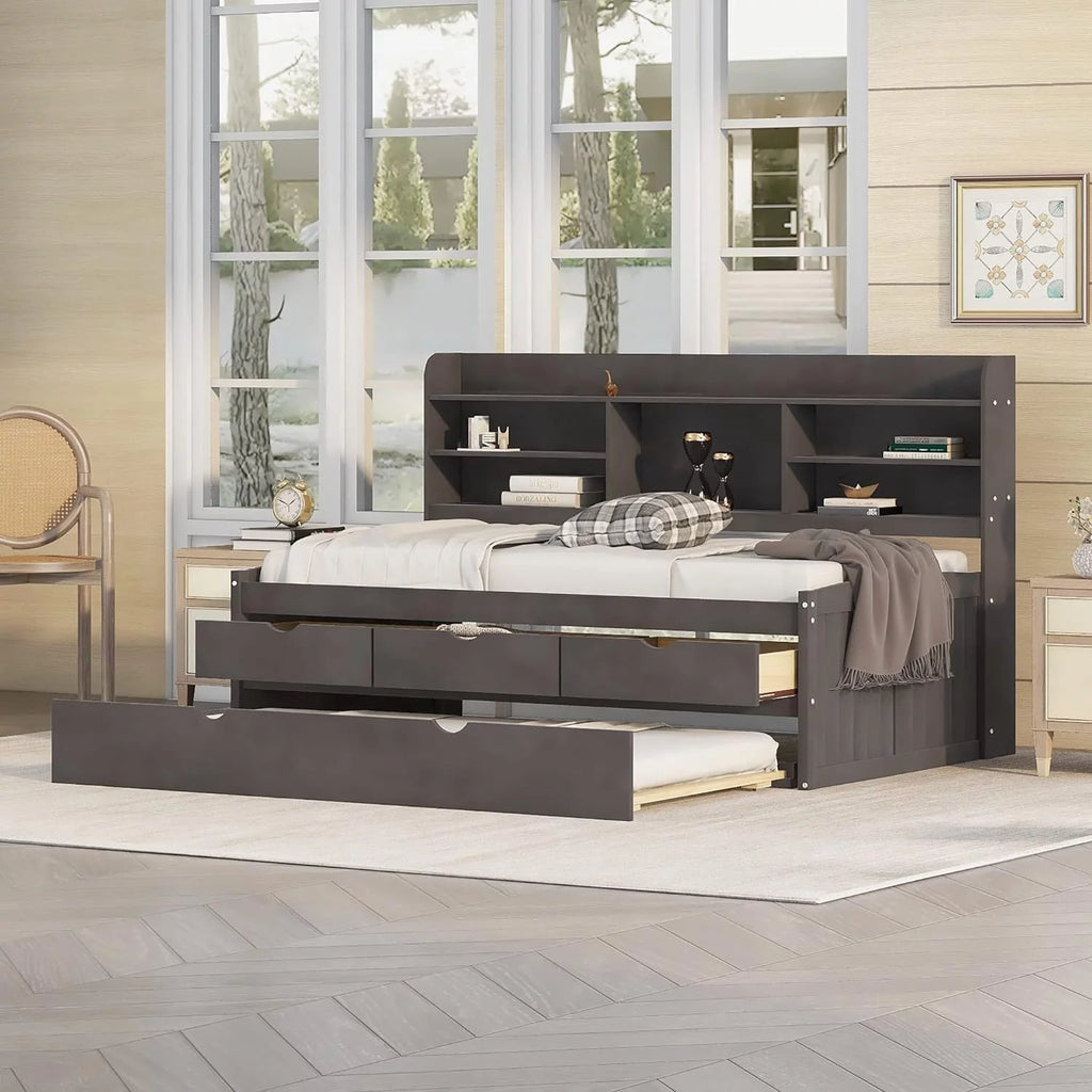 Wood Day Bed with 3 Drawers and Bookshelves F413