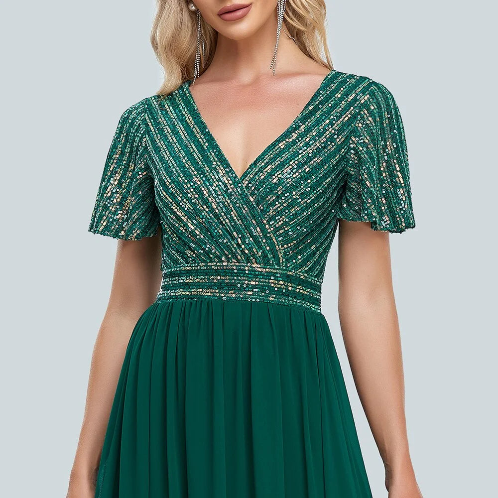 Green V-Neck Sequins Chiffon Formal Gown R3159