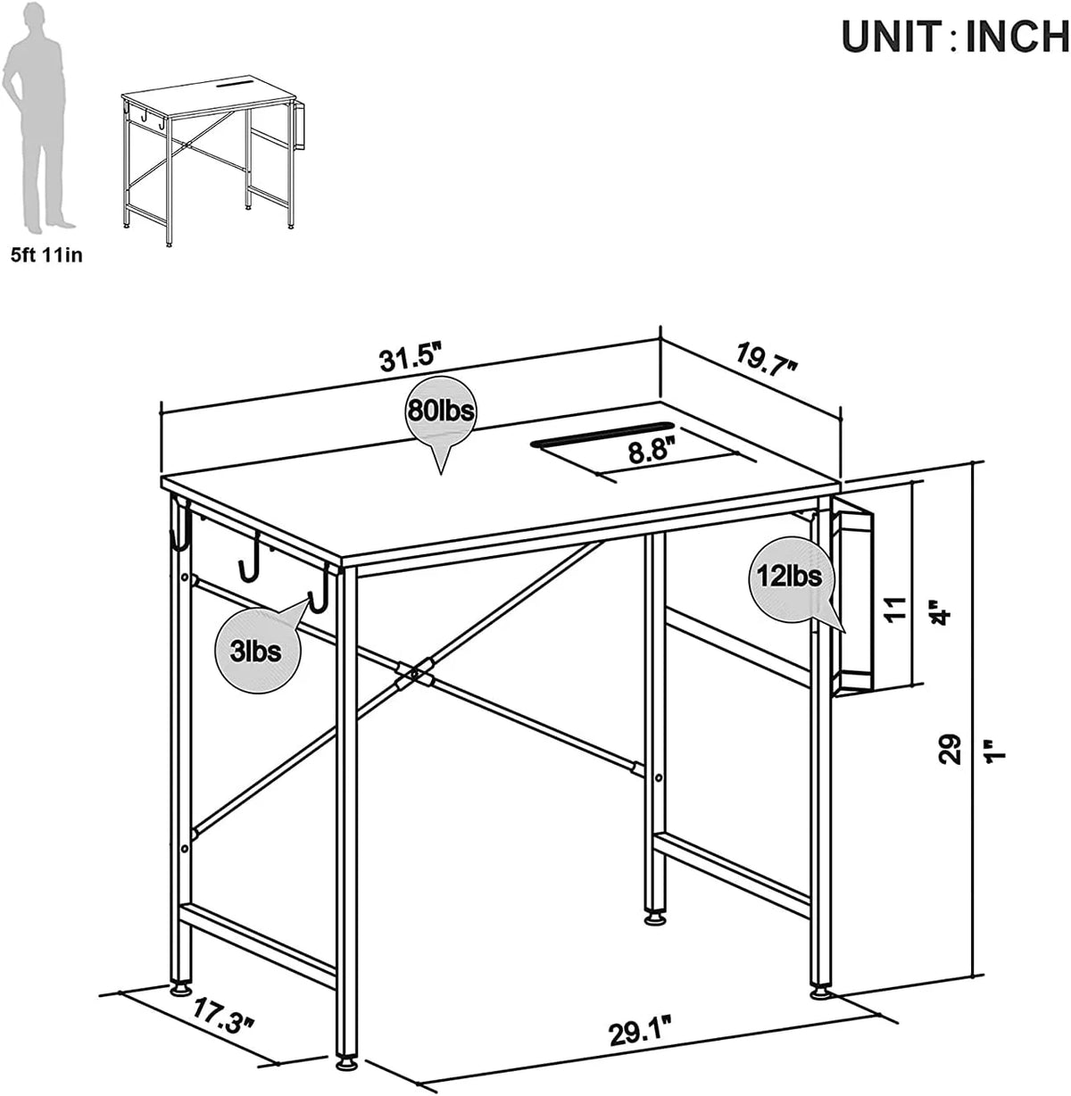 32 Inch Grey Mini Office Desk with Adjustable Metal Frame I32243
