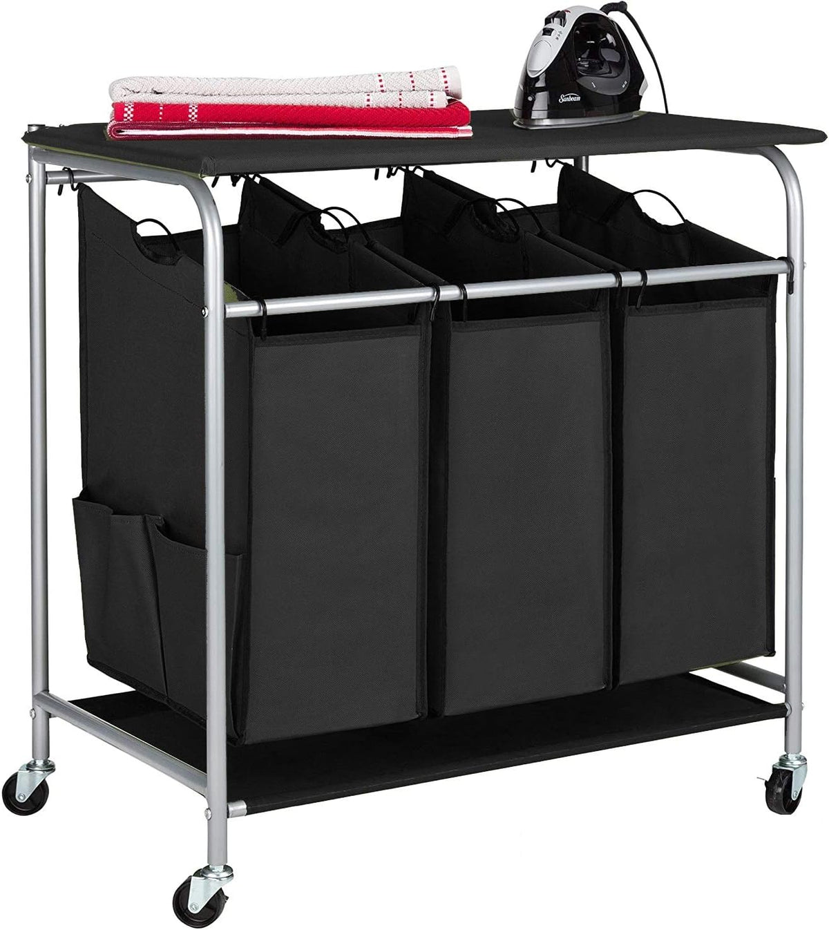 Rolling Laundry Hamper Cart with Ironing Board Top, 3 Section Sorter S14500
