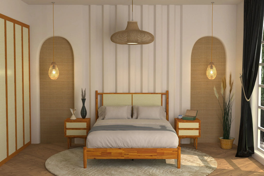 47" Queen Platform Bed Frame with Rattan Headboard I154082