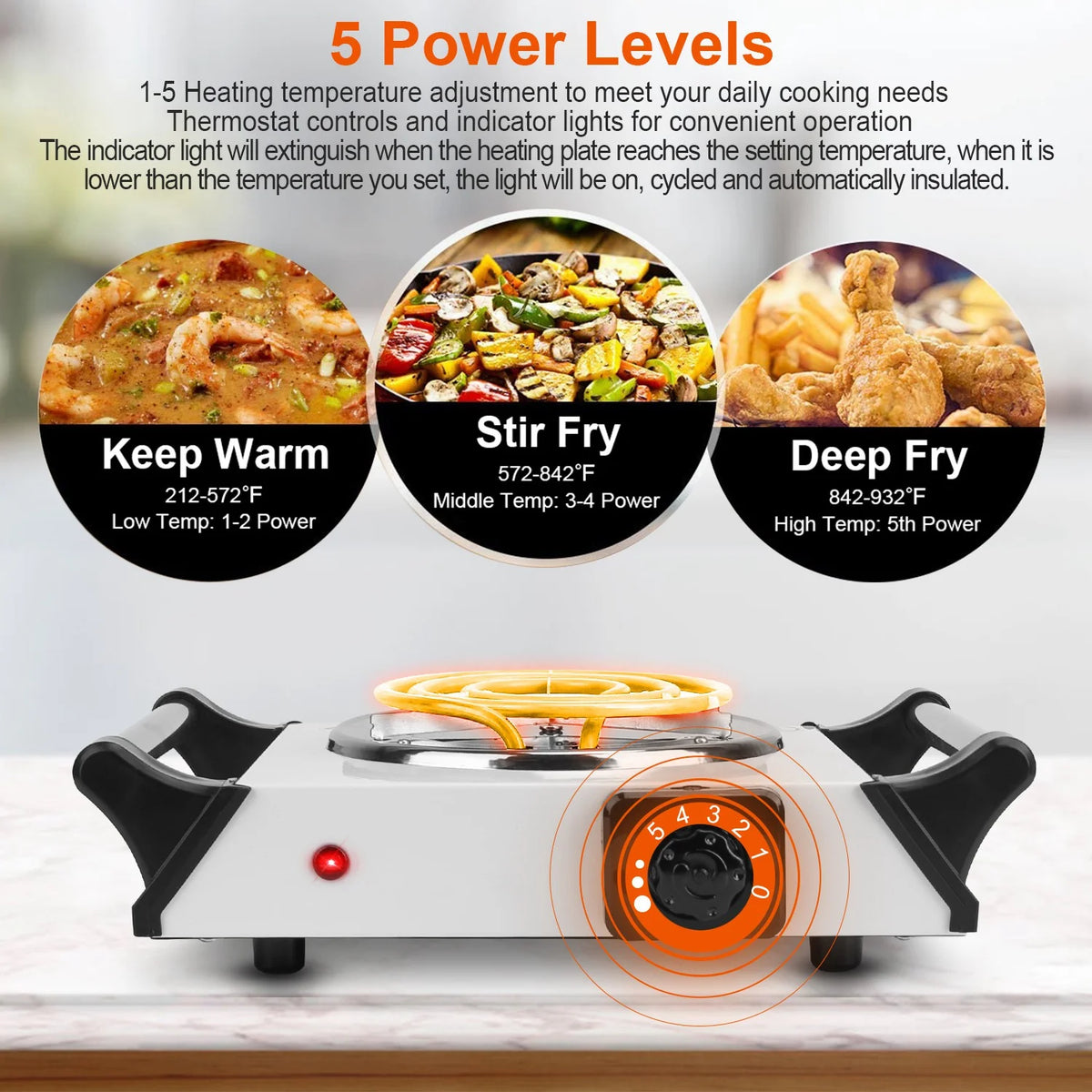 1000W Electric Single Burner Portable Hot Plate with 5 Temperature Adjustments V542