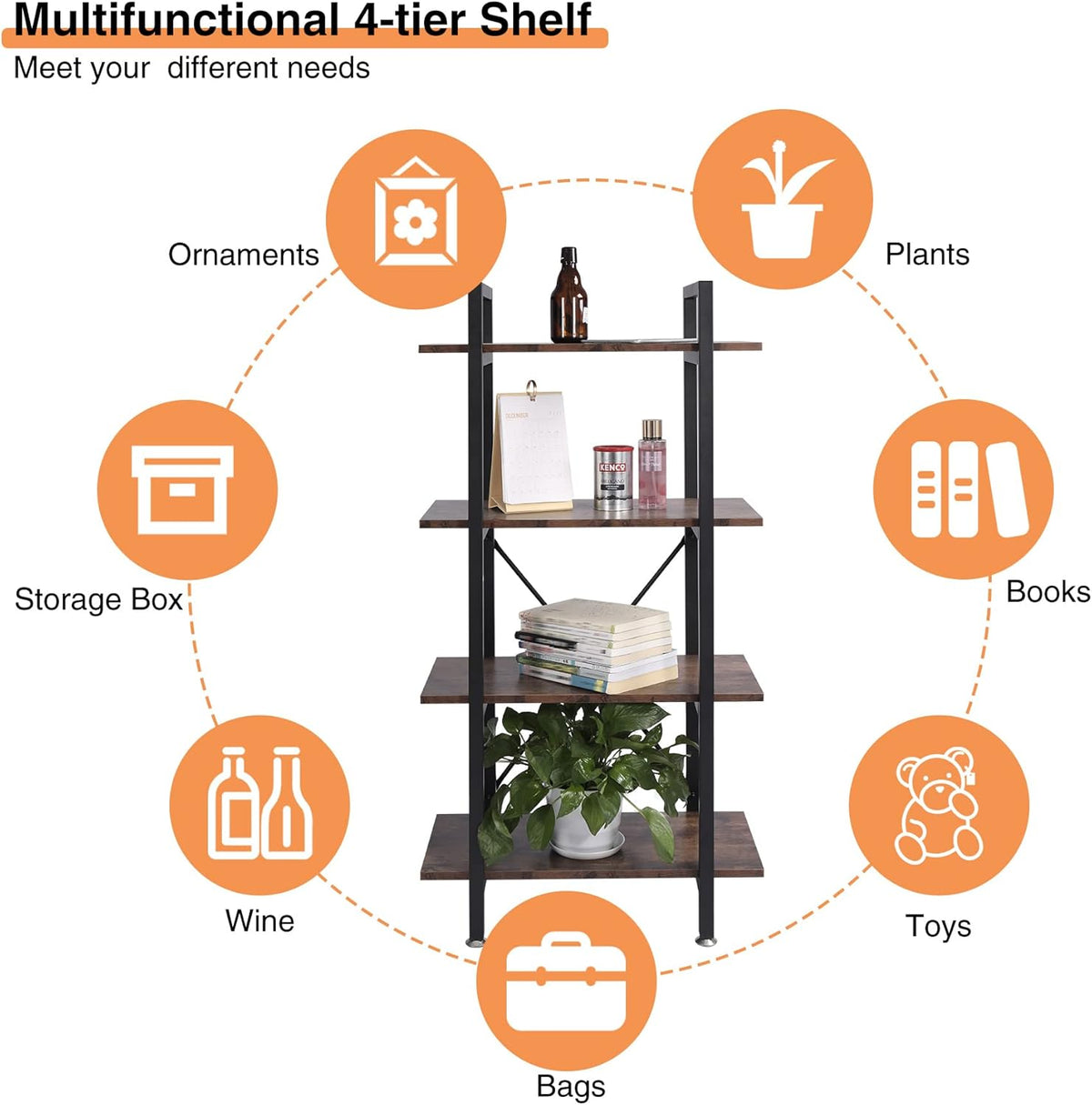 4-Shelf Wood and Metal Bookshelf N297