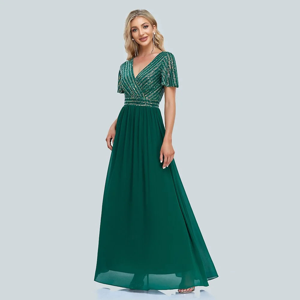 Green V-Neck Sequins Chiffon Formal Gown R3159