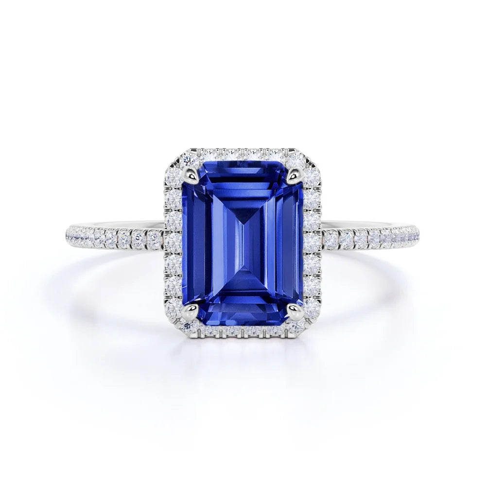 18k White Gold over Silver Emerald Cut Synthetic Sapphire Engagement Ring D502181