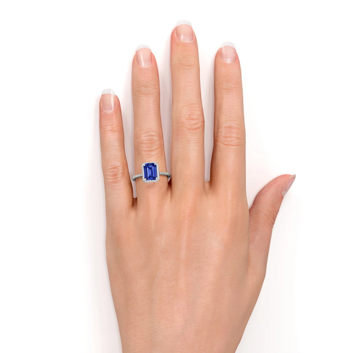 18k White Gold over Silver Emerald Cut Synthetic Sapphire Engagement Ring D502181
