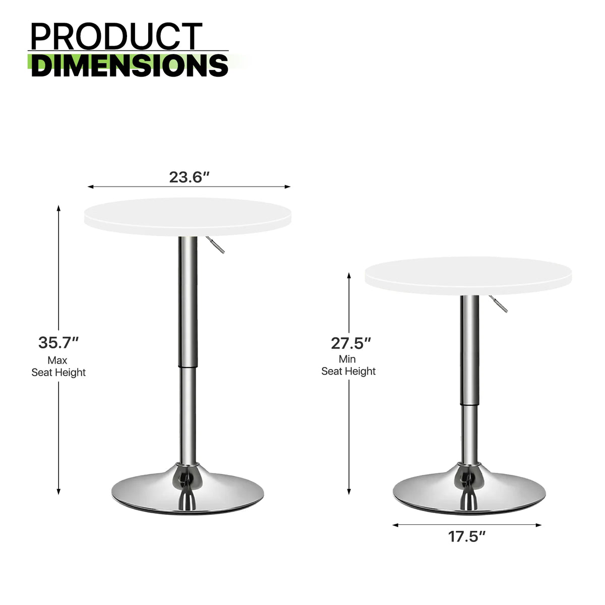 23.6" Round Height-Adjustable Bar Table with Metal Base, White X951896