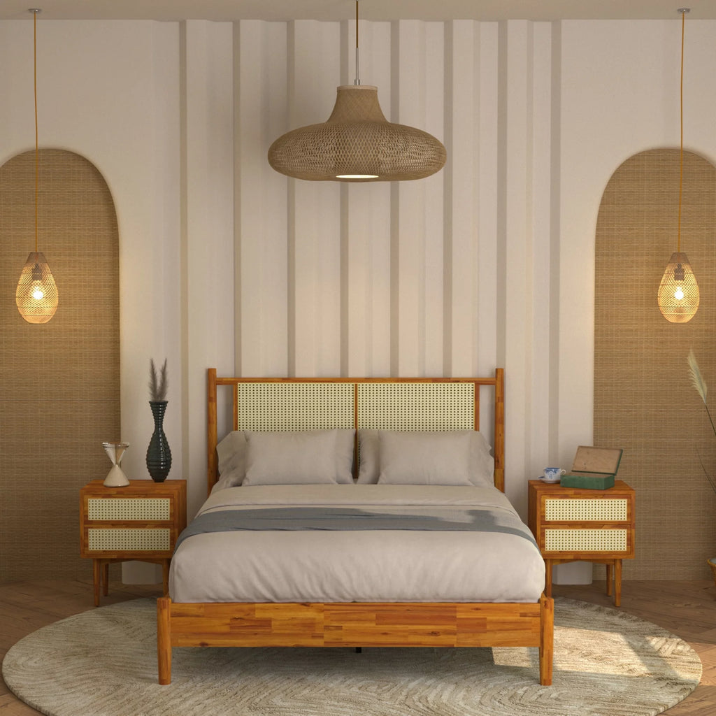 47" Queen Platform Bed Frame with Rattan Headboard I154082