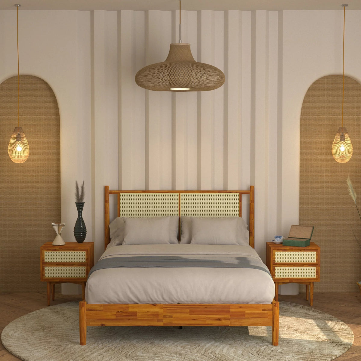 47" Queen Platform Bed Frame with Rattan Headboard I154082
