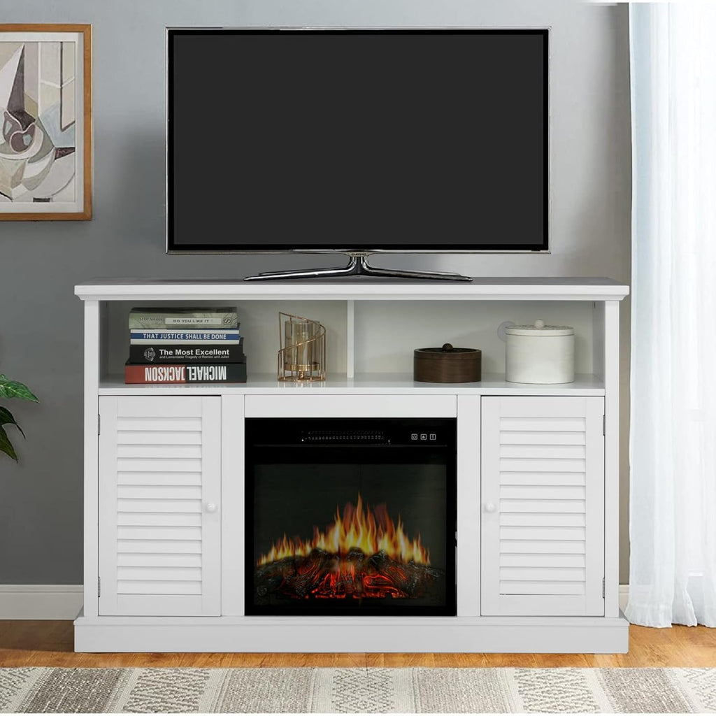 White Fireplace TV Stand with Insert Fireplace and Adjustable Shelves C8104