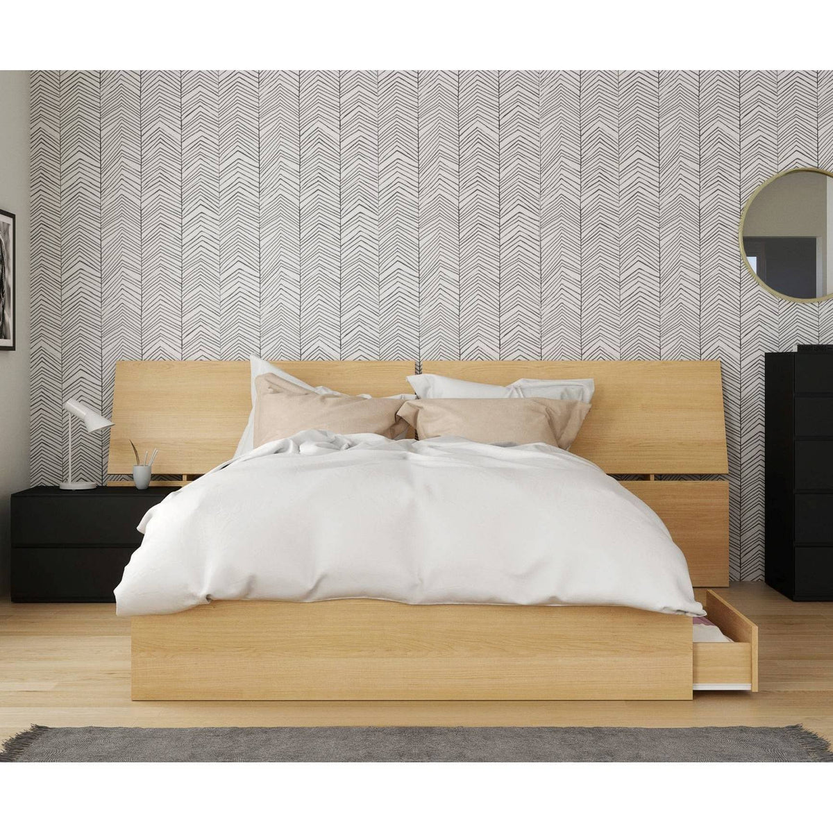 3 Piece Queen Size Bedroom Set, Natural Maple & Black Y79542