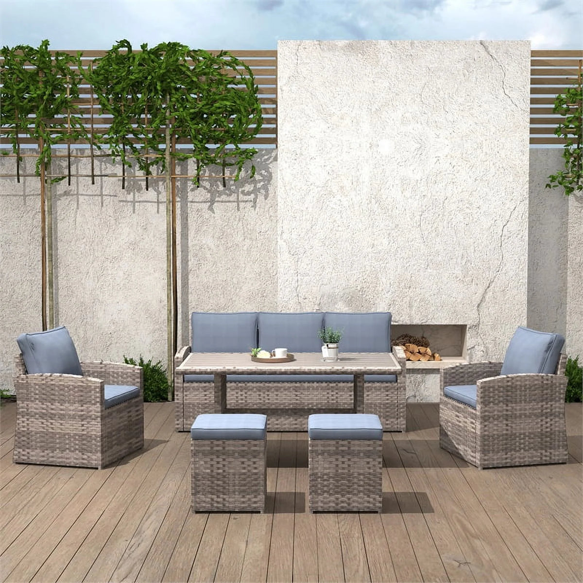 Light Brown Wicker Dining Table Set with Grey Cushion C165214