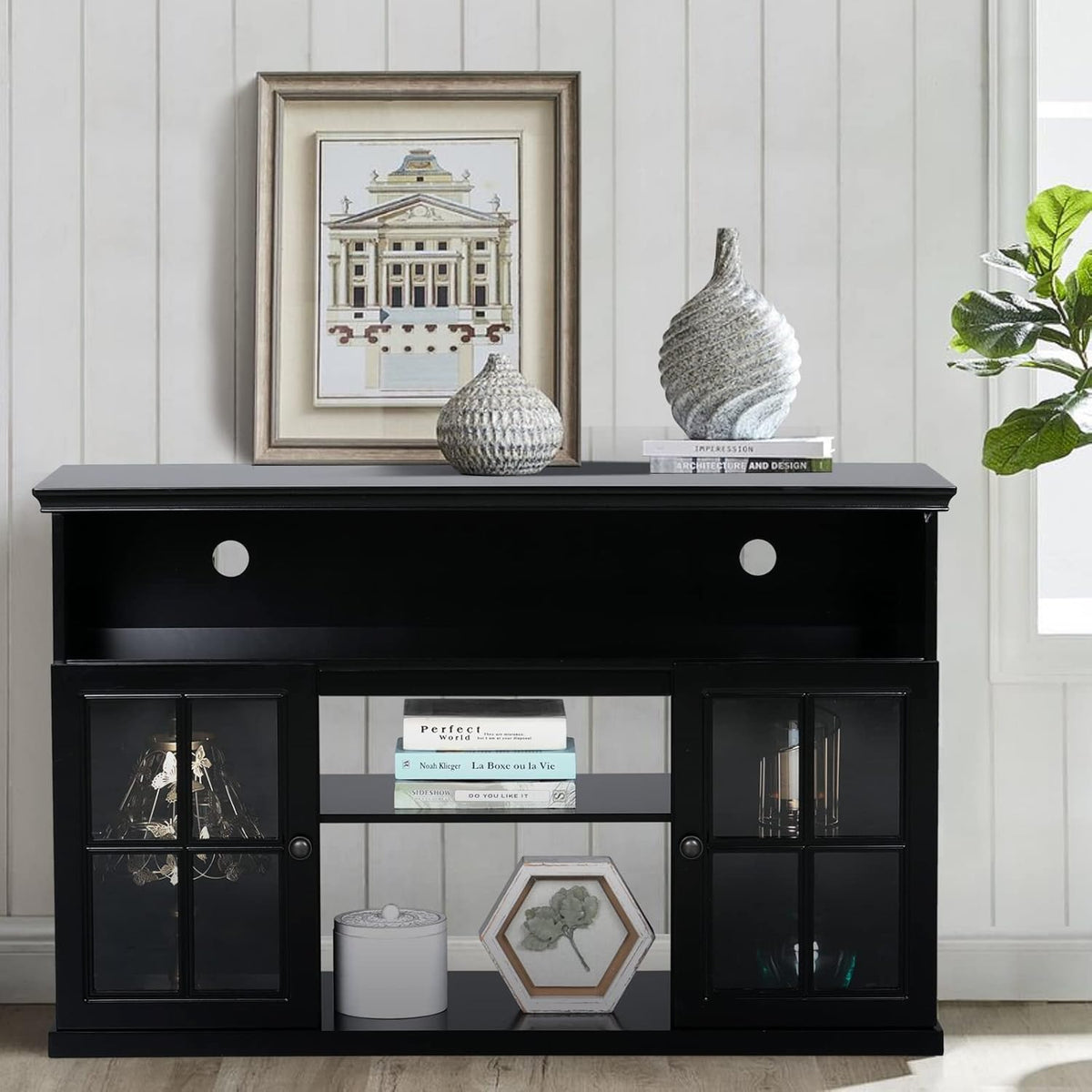 White Fireplace TV Stand with Insert Fireplace and Adjustable Shelves C8104
