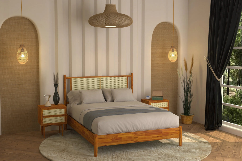47" Queen Platform Bed Frame with Rattan Headboard I154082