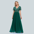 Green V-Neck Sequins Chiffon Formal Gown R3159