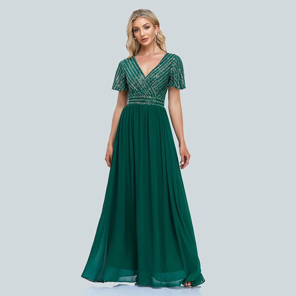 Green V-Neck Sequins Chiffon Formal Gown R3159