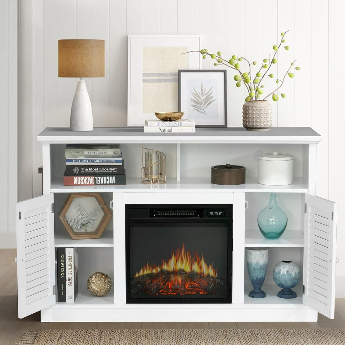 White Fireplace TV Stand with Insert Fireplace and Adjustable Shelves C8104