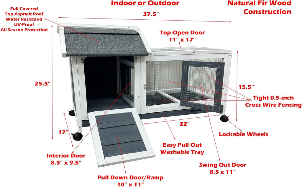 Gray/White 37L x 21W x 25H Inches Wooden Rabbit Hutch with Washable Tray O22941