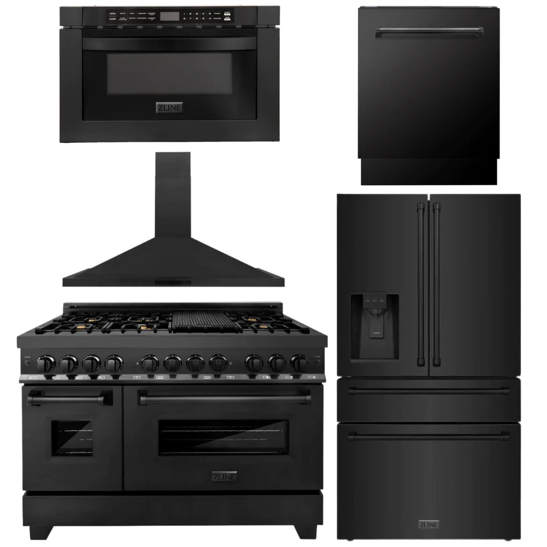 48 Dual Fuel Range, Hood, Refrigerator, Dishwasher and Microwave in Black Stainless B70761