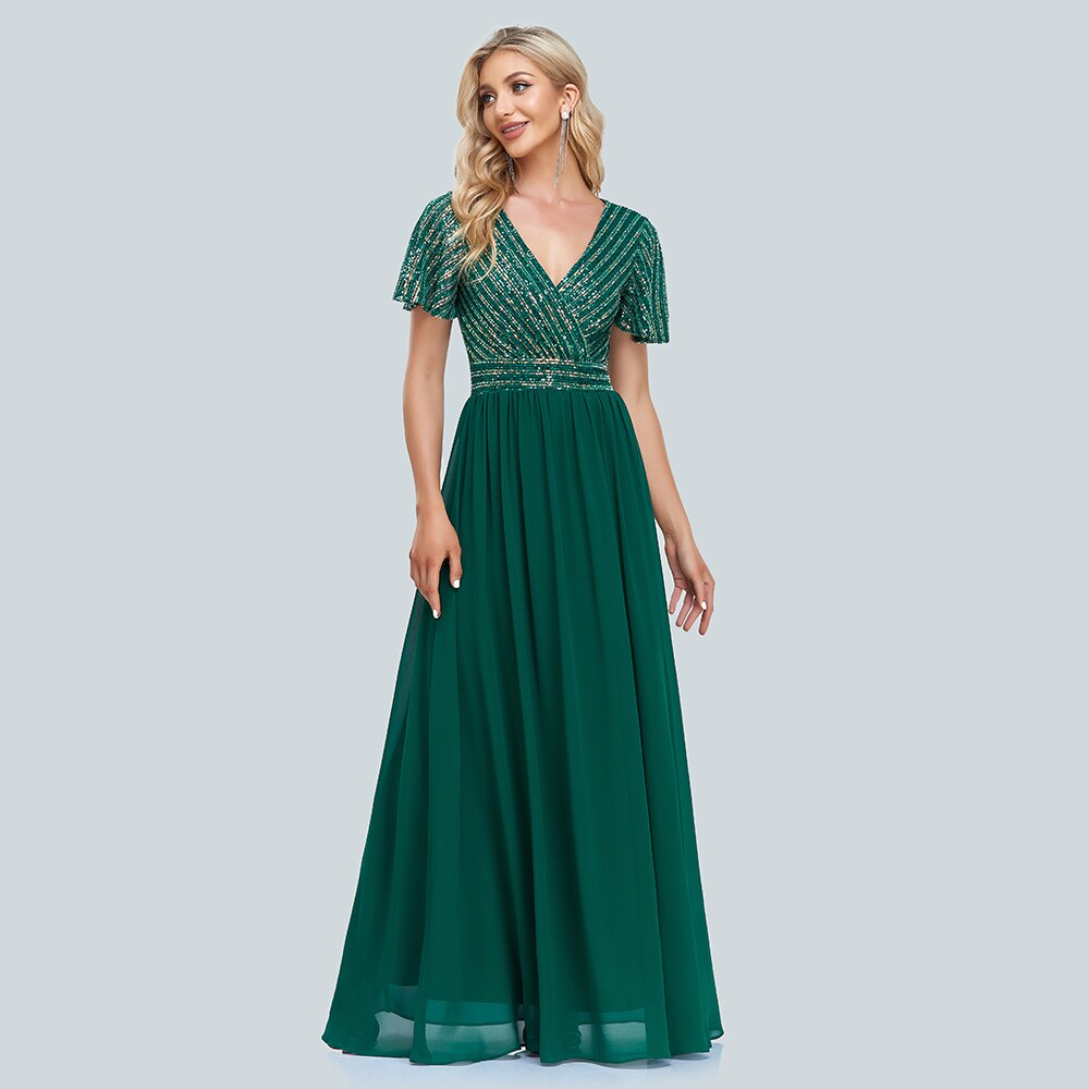 Green V-Neck Sequins Chiffon Formal Gown R3159