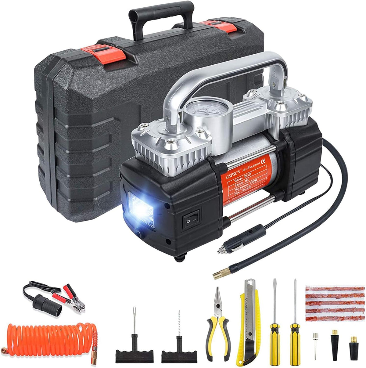 150 PSI 12V Dual Cylinder Portable Air Compressor with LED Light and Tire Repair Kit, Pack of 2 Y161