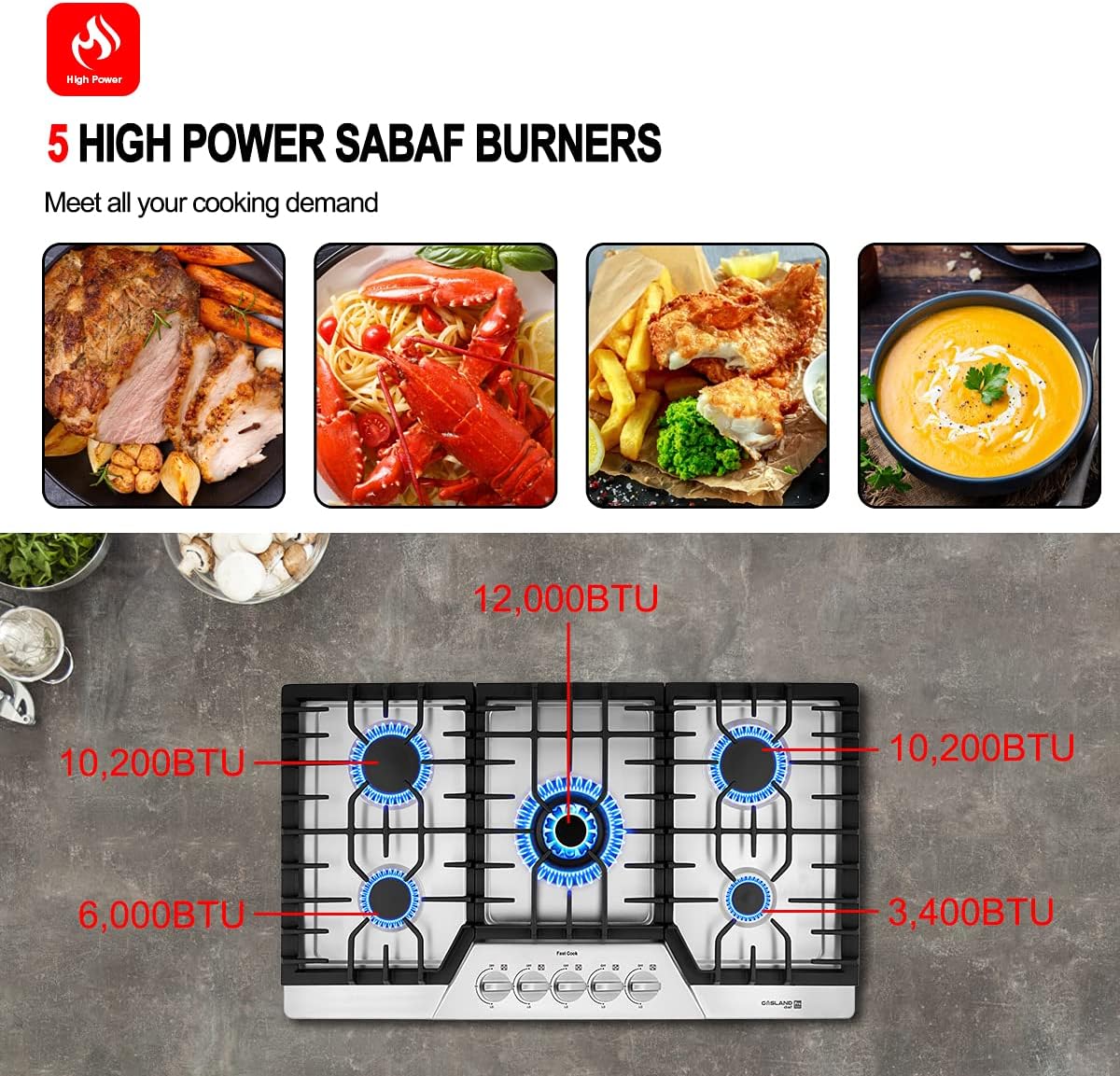 36 Inch 5 Burner Gas Cooktop, Stainless Steel H4276