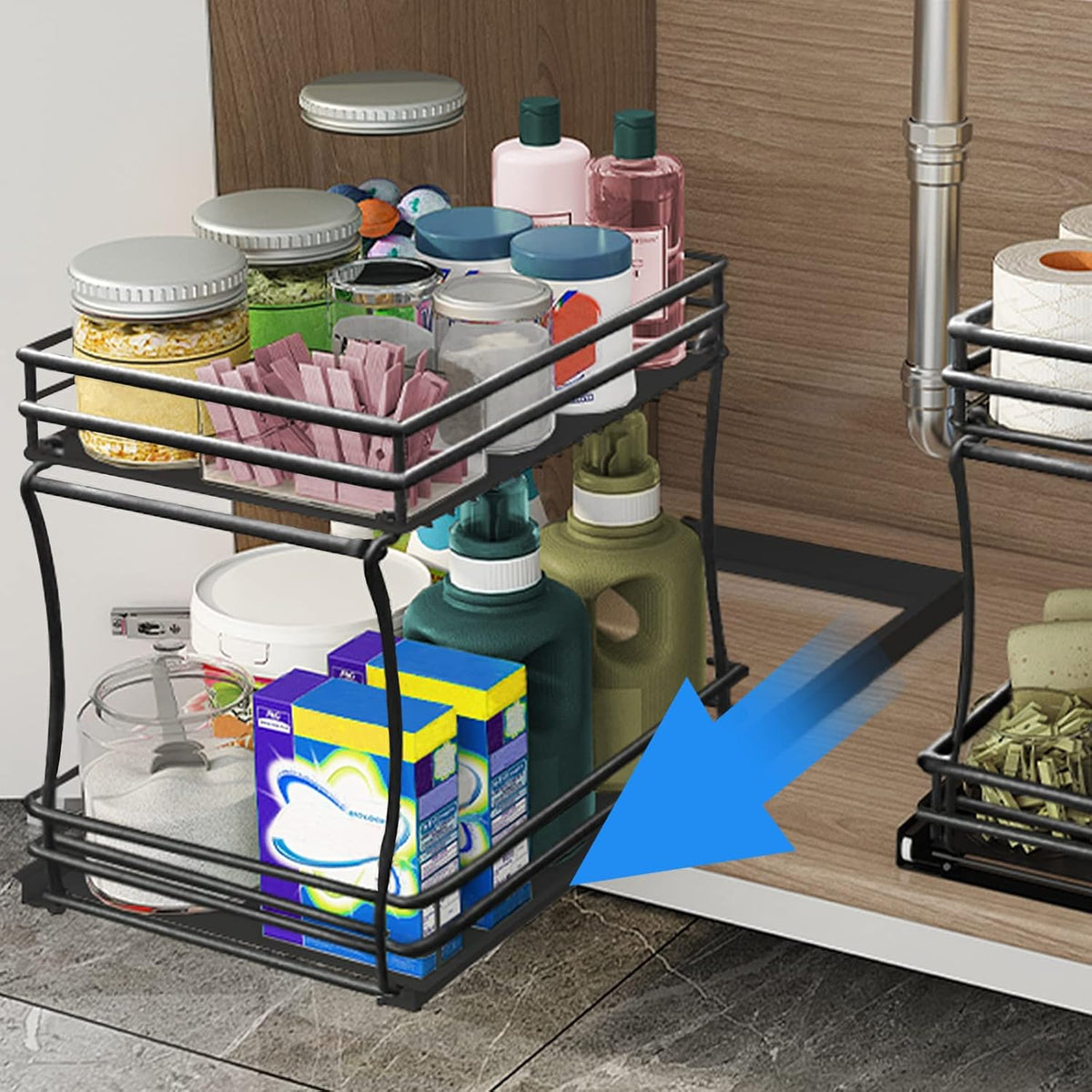 Pull Out Cabinet Organizer, 2-Tier Carbon Steel O6196
