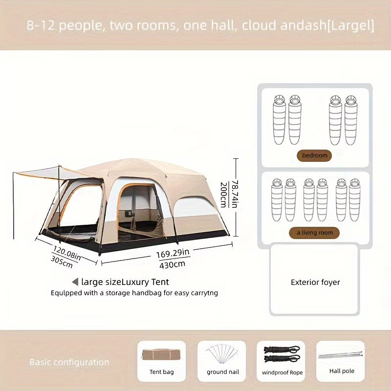 10-Person All-Season Rainproof Camping Tent with 2 Bedrooms W2050
