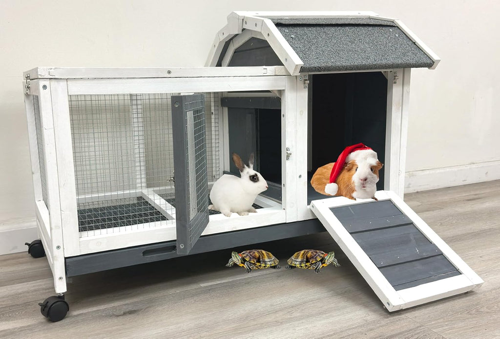 Gray/White 37L x 21W x 25H Inches Wooden Rabbit Hutch with Washable Tray O22941