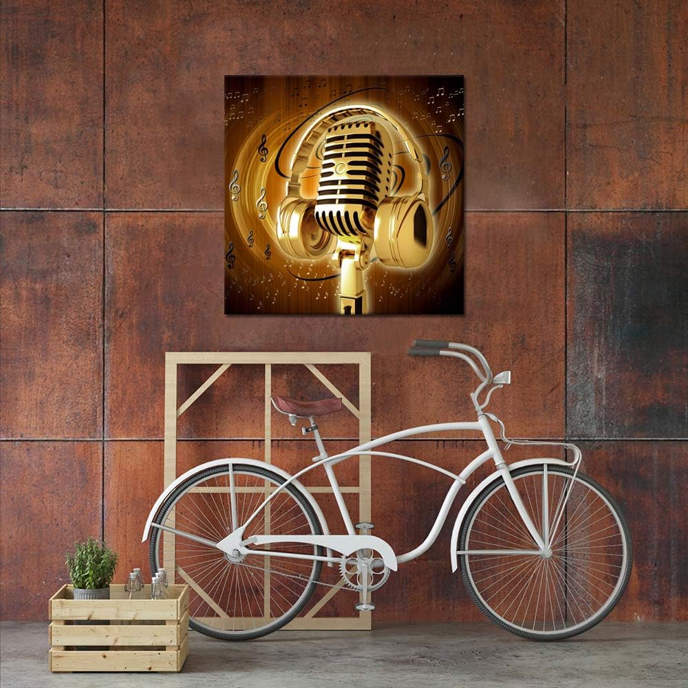 Gold Metal Microphone and Headset Musical Note Picture Print on Canvas 24x24inch S403977