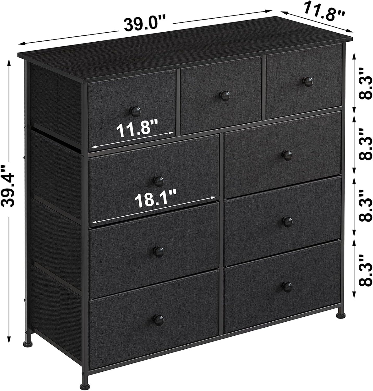 Black Grey 9 Drawer Steel Frame Wooden Top Dresser E230858