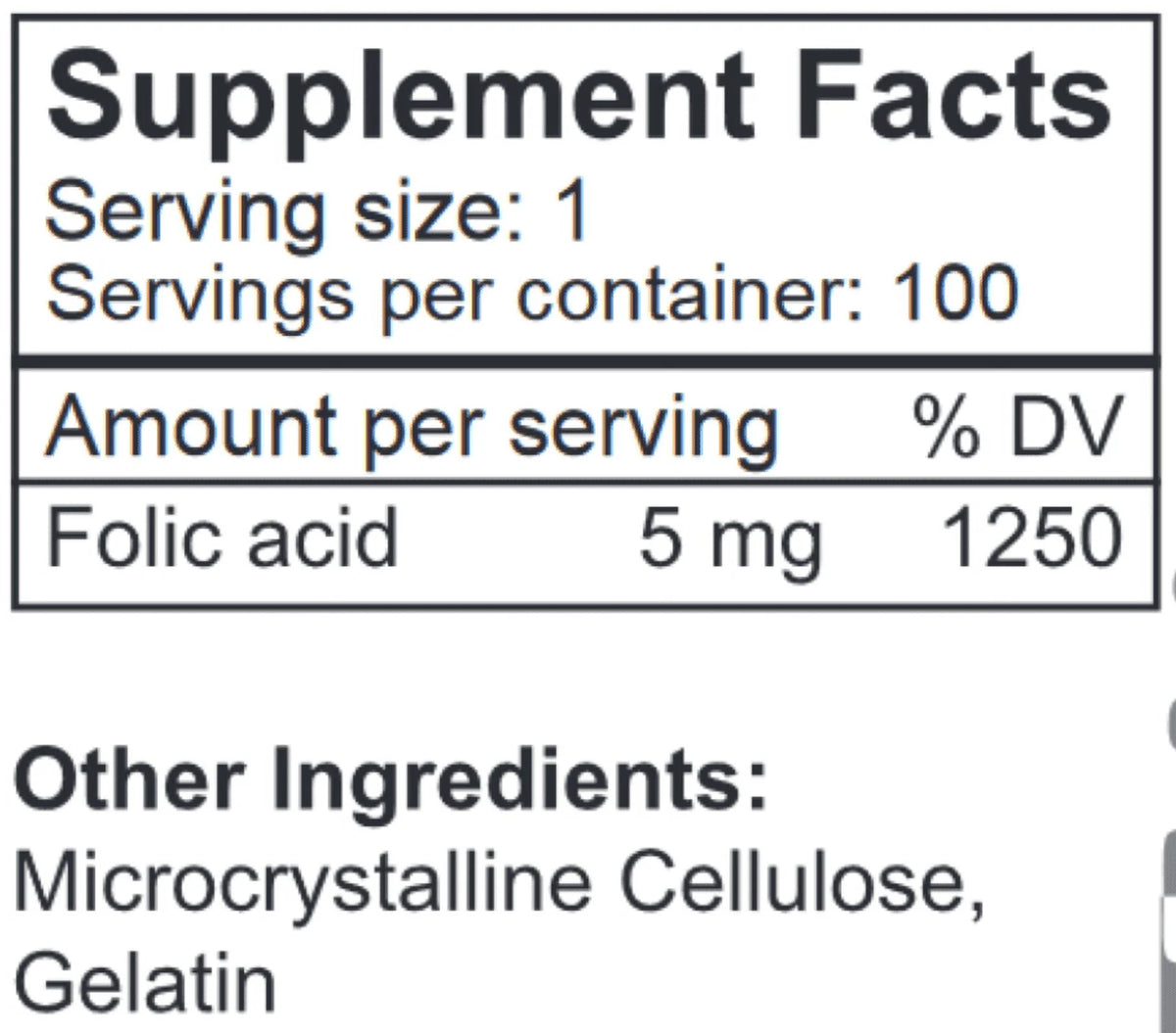 Folic Acid 5 mg 100 Capsules Gluten Free Non-GMO K48954