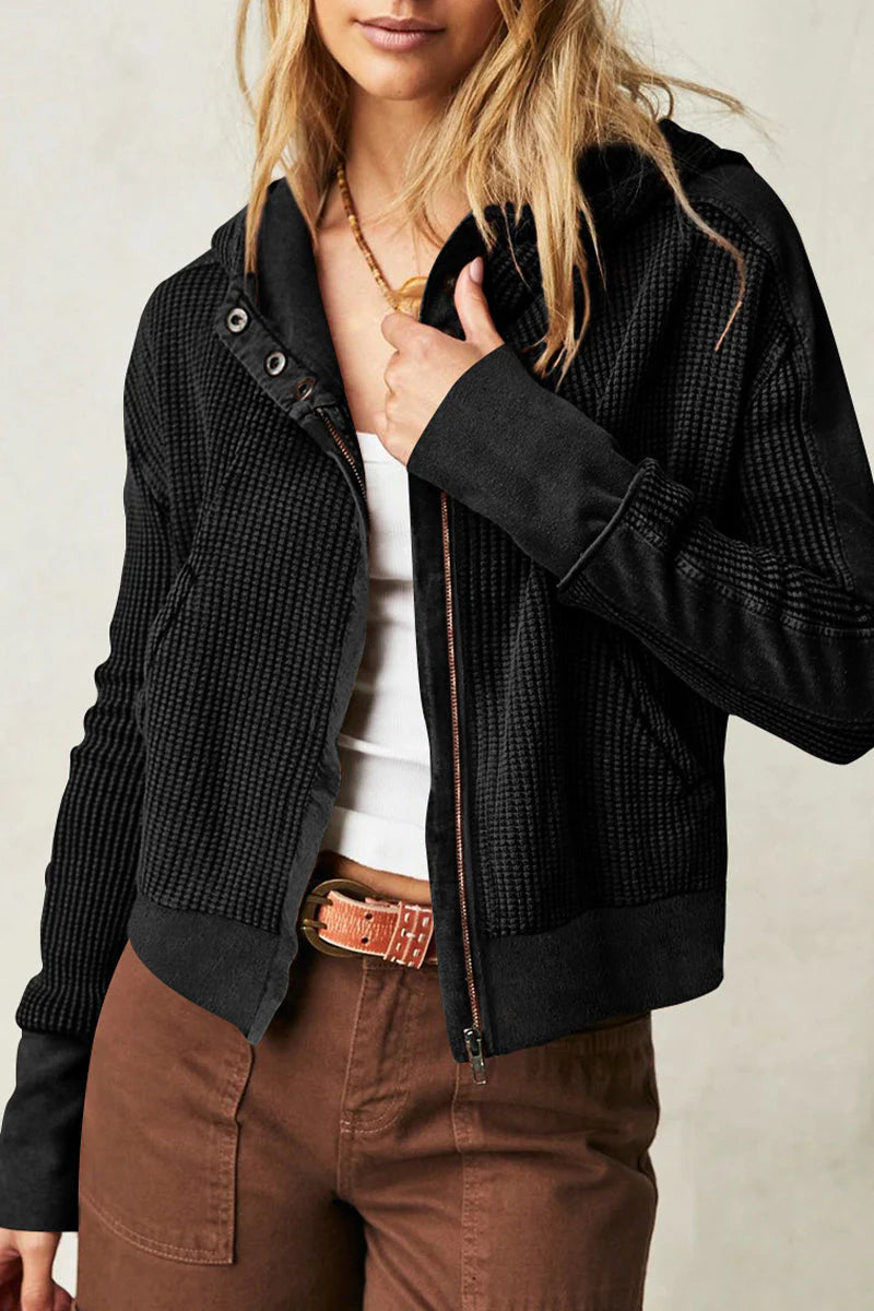 Solid Zipper Hooded Collar Outerwear J74697