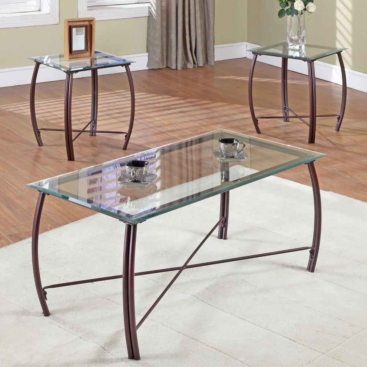 3 Piece Beveled Glass Coffee Table & 2 End Tables Set Y719666