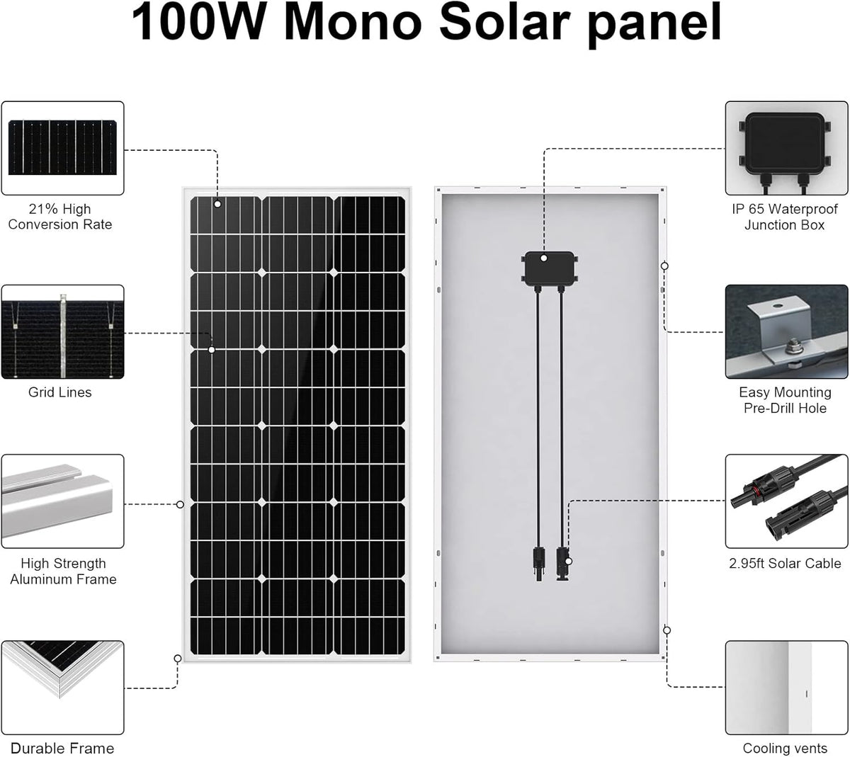 100 Watt 12 Volt Monocrystalline Solar Panel Y597