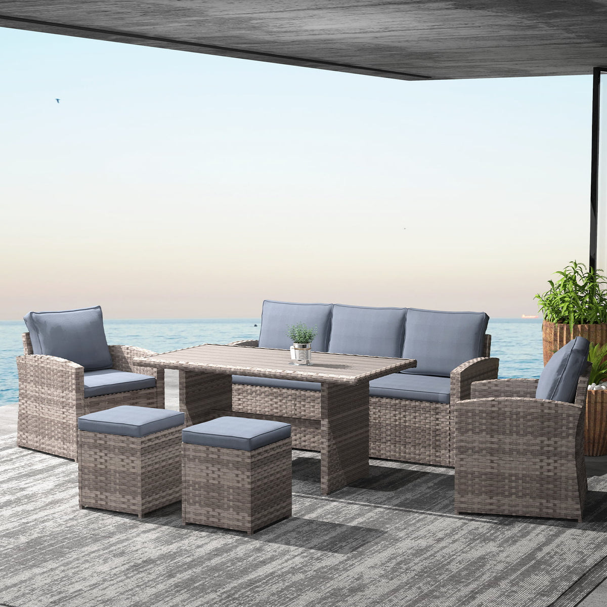 Light Brown Wicker Dining Table Set with Grey Cushion C165214