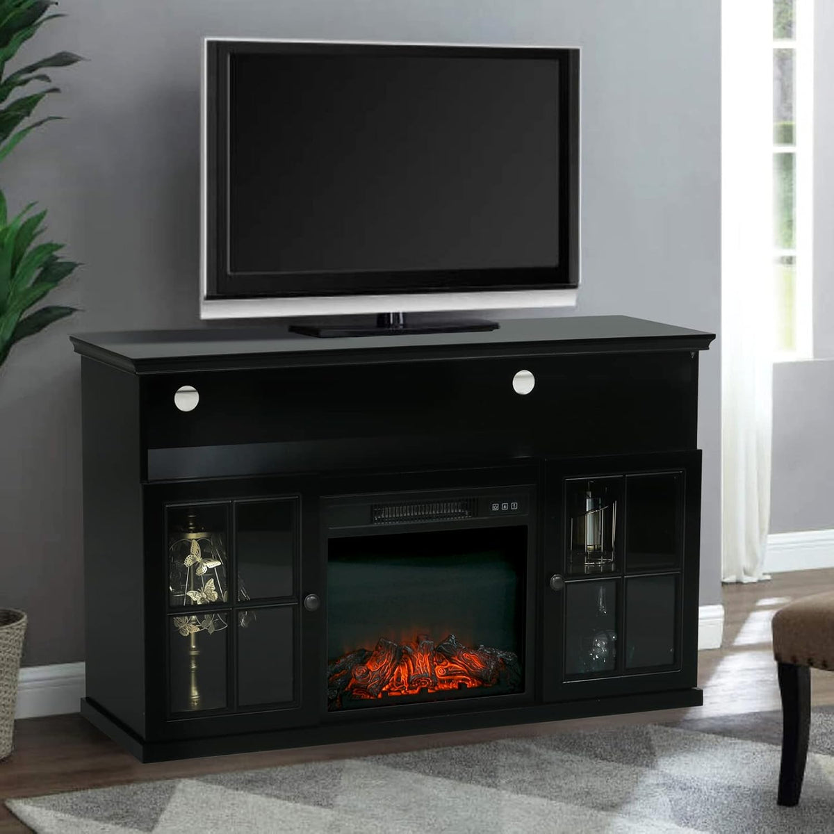 White Fireplace TV Stand with Insert Fireplace and Adjustable Shelves C8104