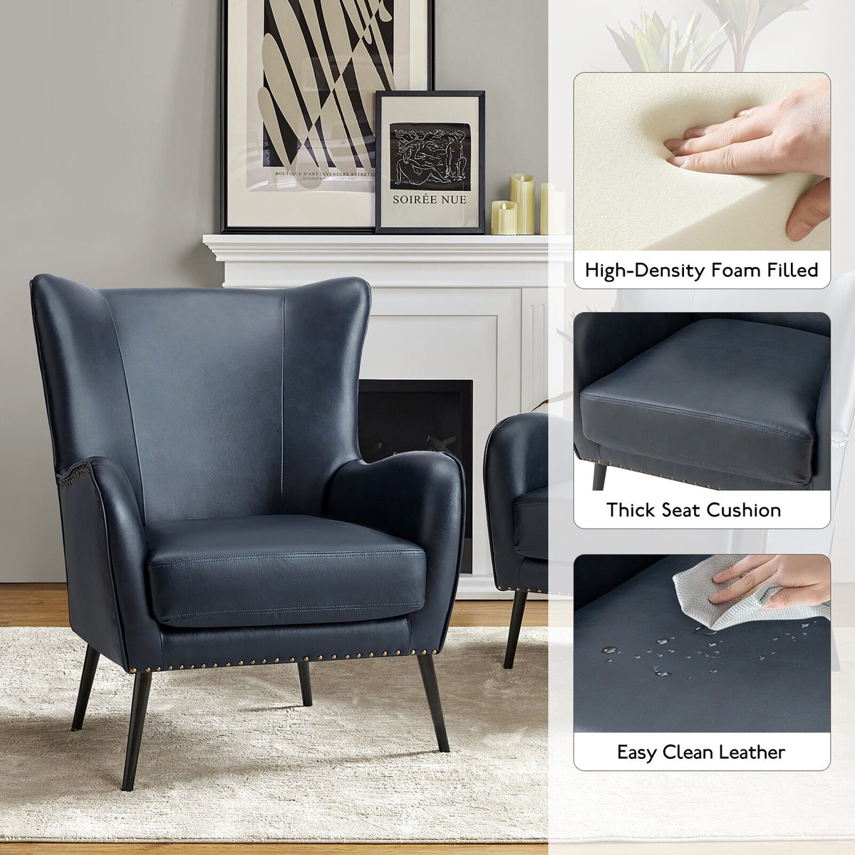 Navy Leather Wingback Armchair Set of 2 B431