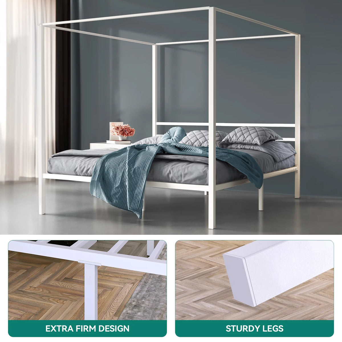White Twin Size Metal Canopy Platform Bed Frame with Headboard J1627