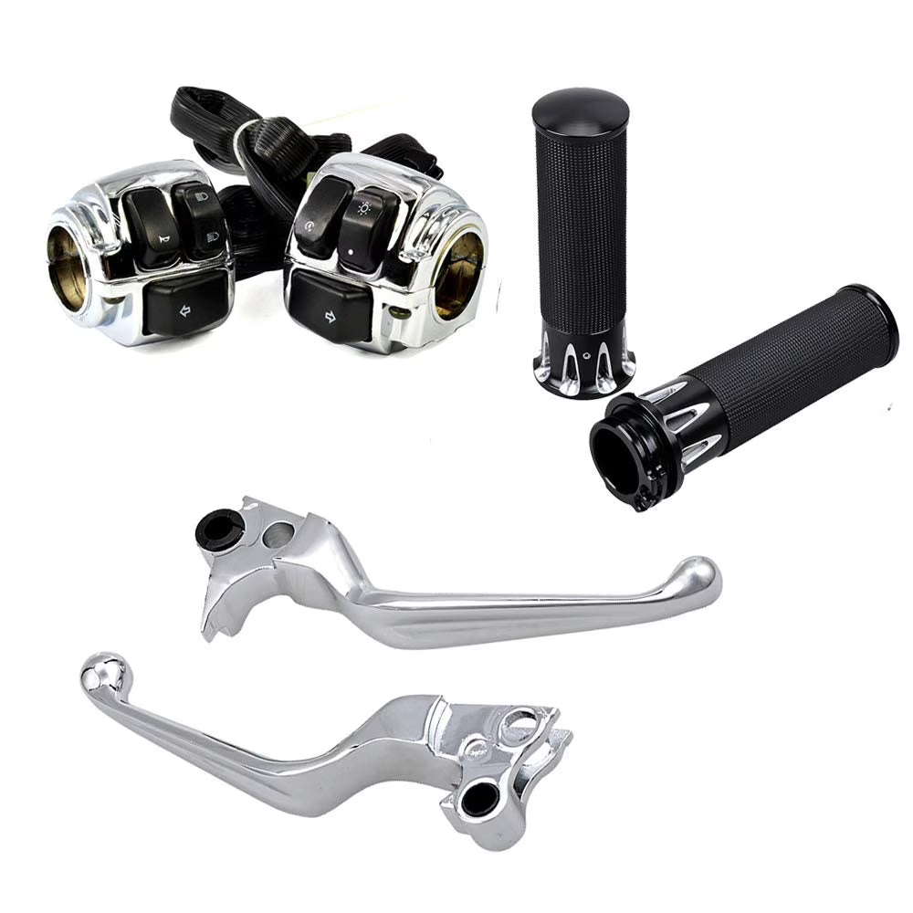 1" Chrome Handlebar Switches Control Horn On/Off Kit Brake Clutch Hand Levers Black CNC Hand Grips D797
