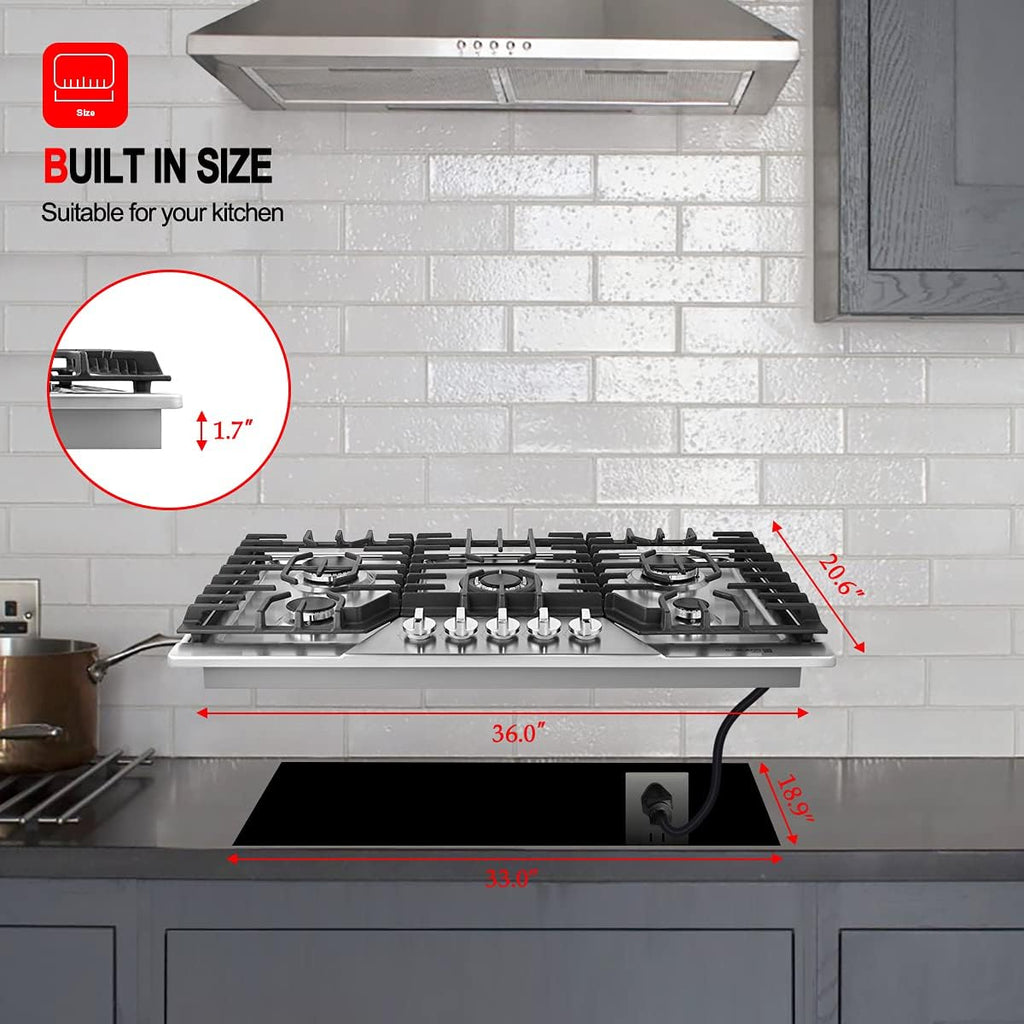 36 Inch 5 Burner Gas Cooktop, Stainless Steel H4276
