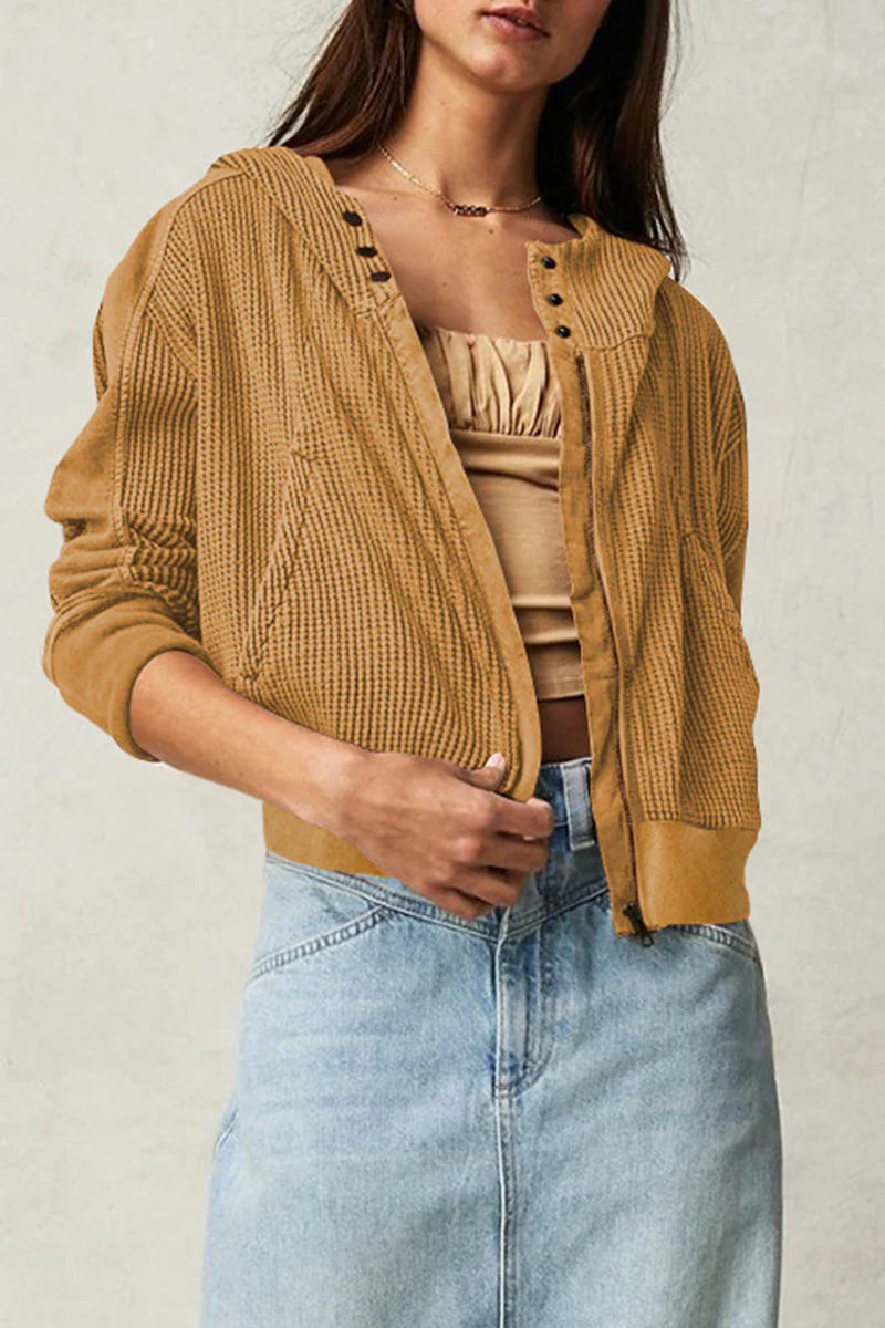 Solid Zipper Hooded Collar Outerwear J74697