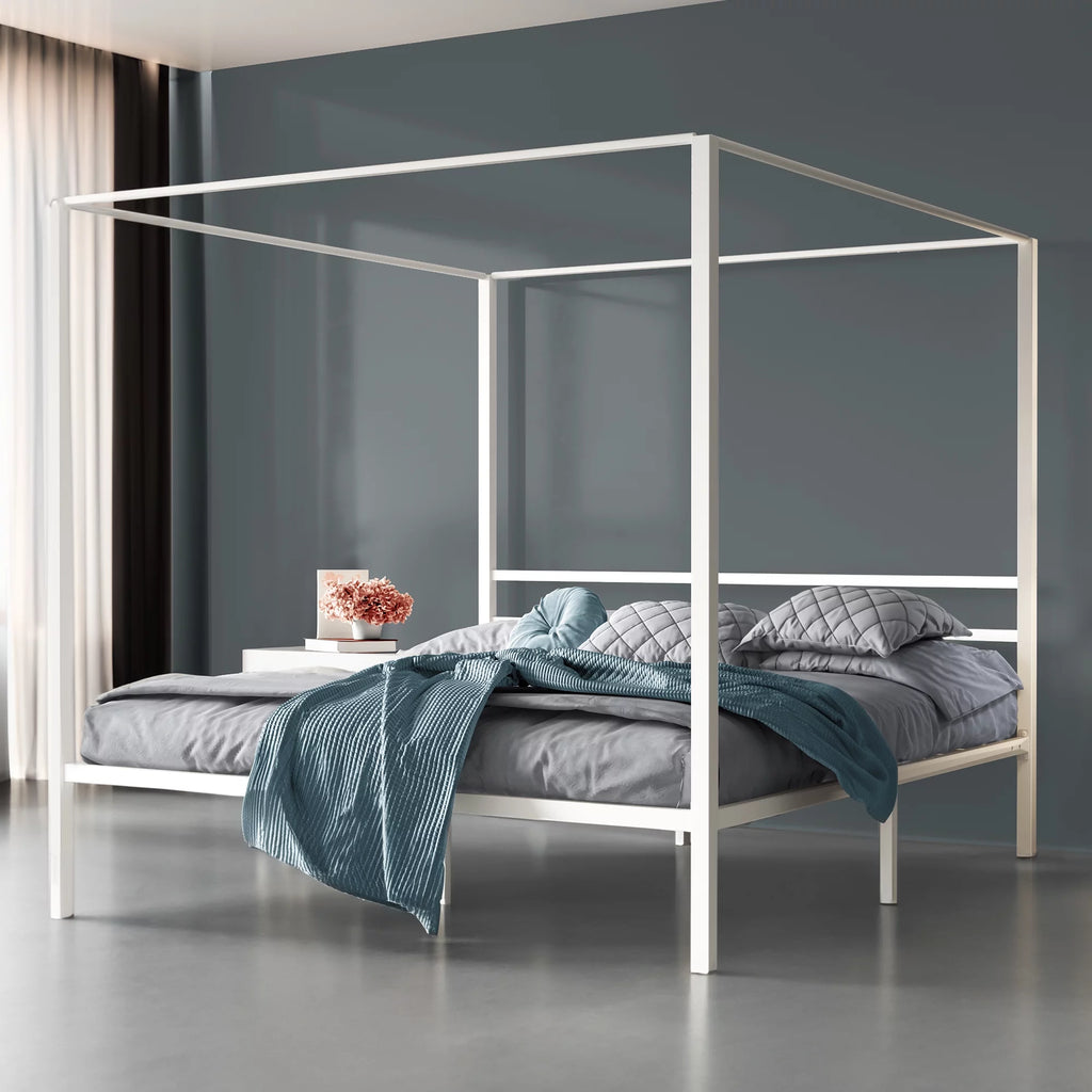White Twin Size Metal Canopy Platform Bed Frame with Headboard J1627