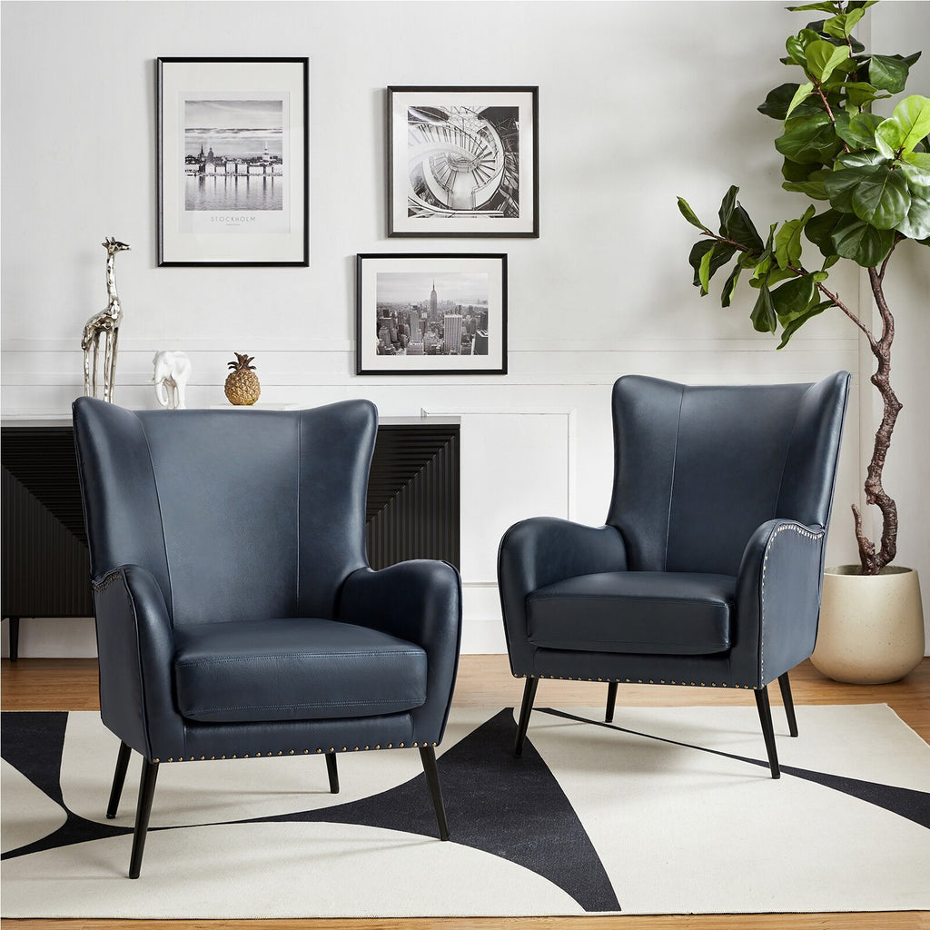 Navy Leather Wingback Armchair Set of 2 B431