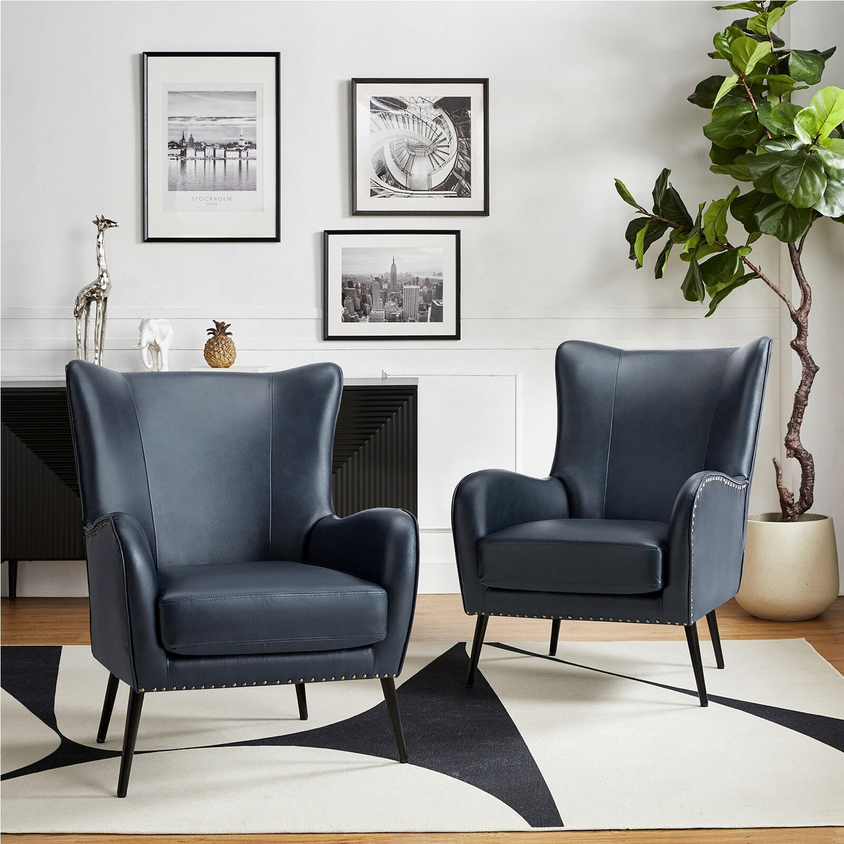 Navy Leather Wingback Armchair Set of 2 B431