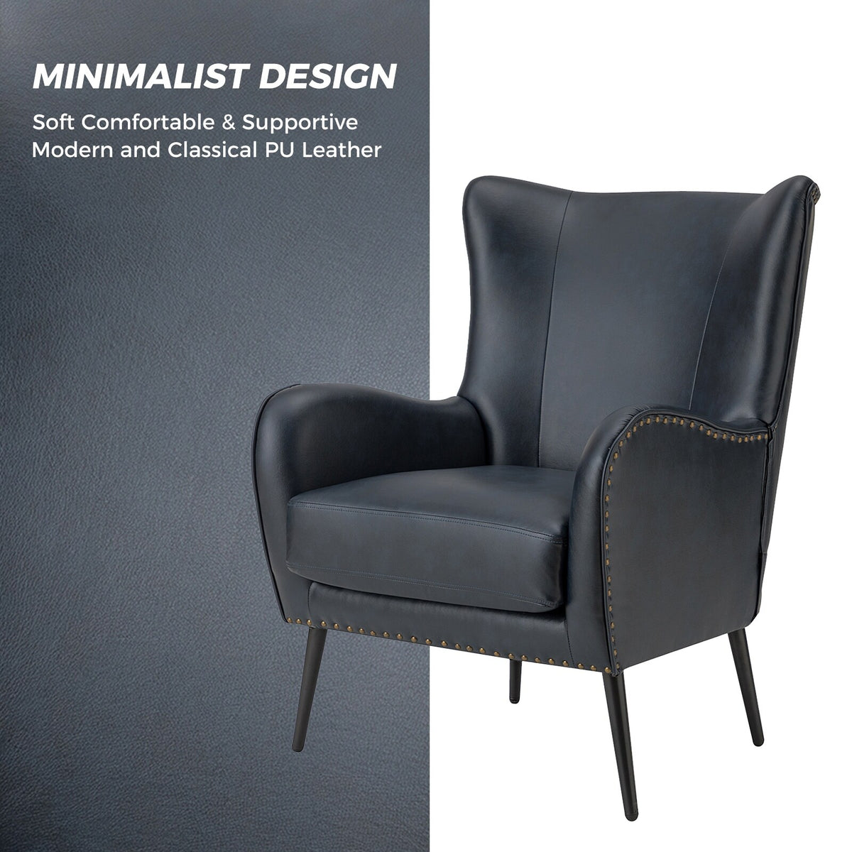 Navy Leather Wingback Armchair Set of 2 B431
