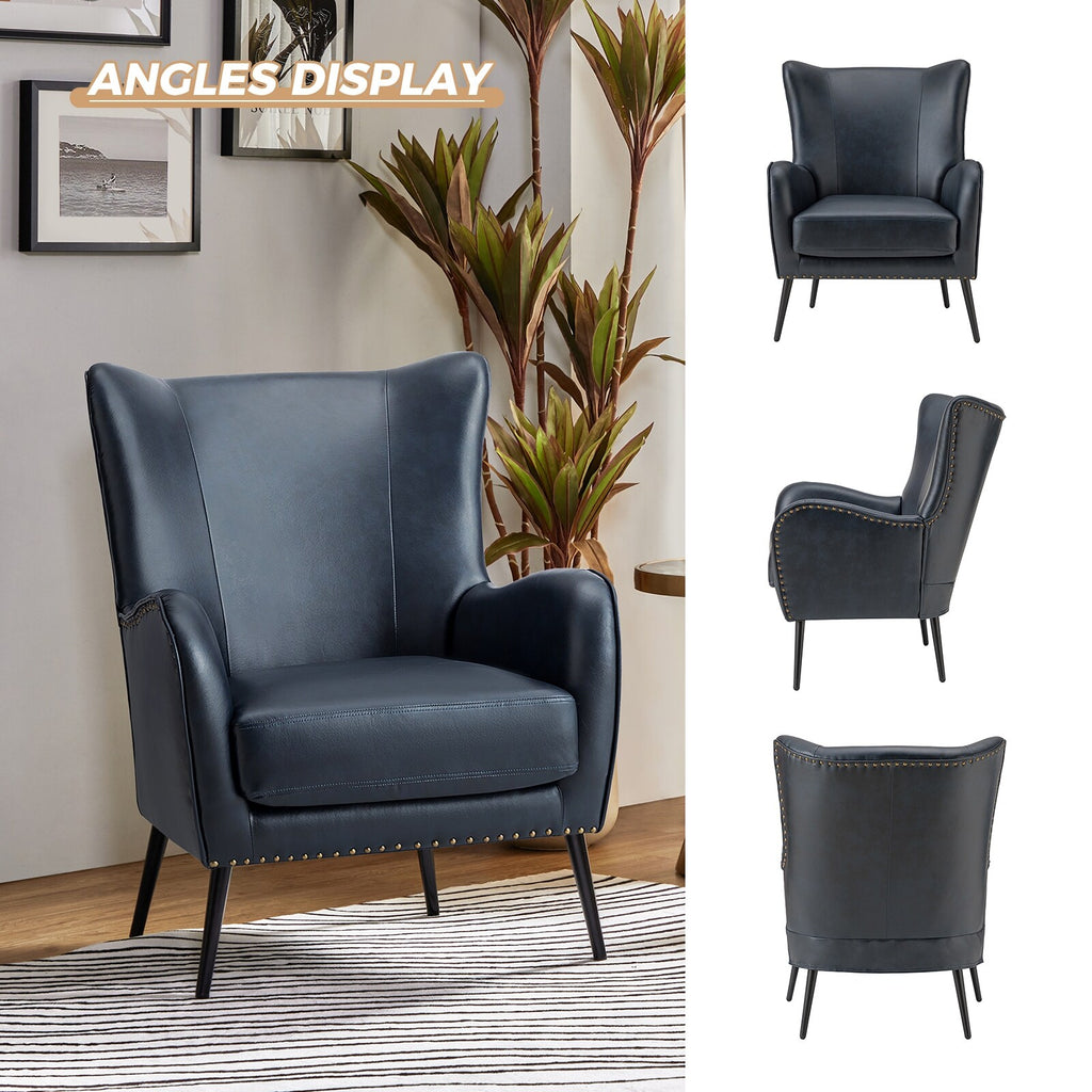 Navy Leather Wingback Armchair Set of 2 B431